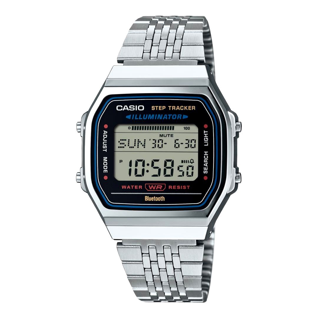 Casio Step Tracker digital watch with Bluetooth and stainless steel band showing time and step count
