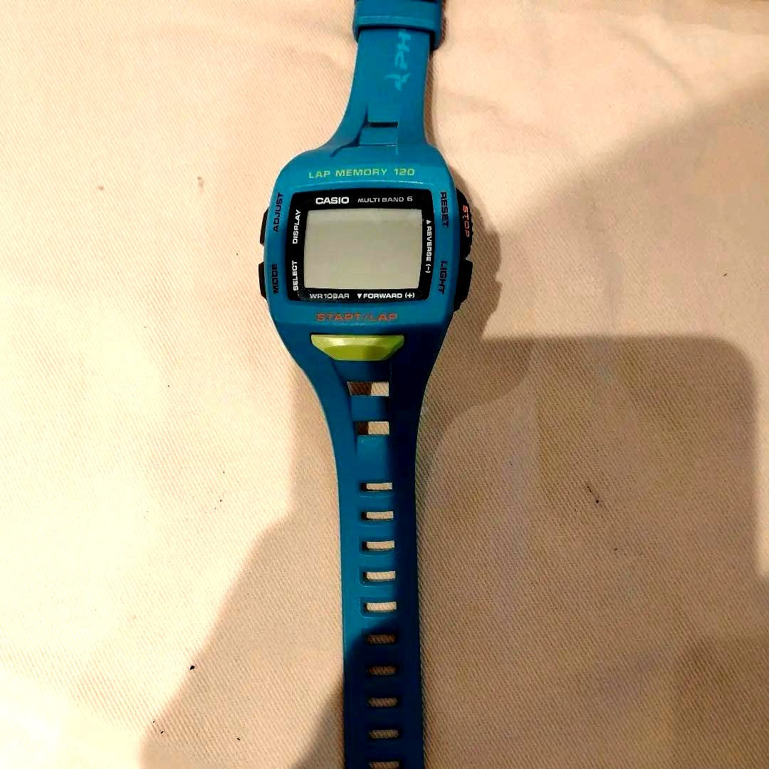 Casio Physi STW-1000 blue radio wave solar running watch with yellow accents and resin band