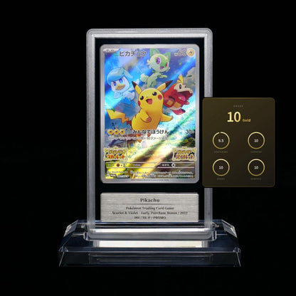 Gemix Tamago PSA10 Gold Pikachu 001/SV-P Pokemon trading card in protective display case