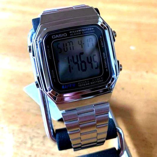 Casio A178WA-1A men's silver quartz watch with gray dial and silver metal band