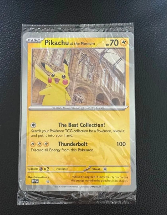Unopened Pokémon Card showing Pikachu at the London Natural History Museum from the Pikachu at the Museum series