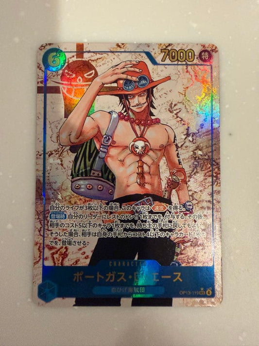 One Piece Portgas D. Ace Secret Parallel collectible trading card, 3.54 x 2.52 inches, in protective sleeve