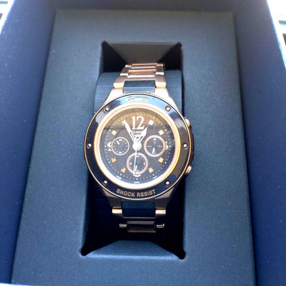 Casio Baby-G G-MS gold shock-resistant radio solar watch with multifeature dial and stainless steel band