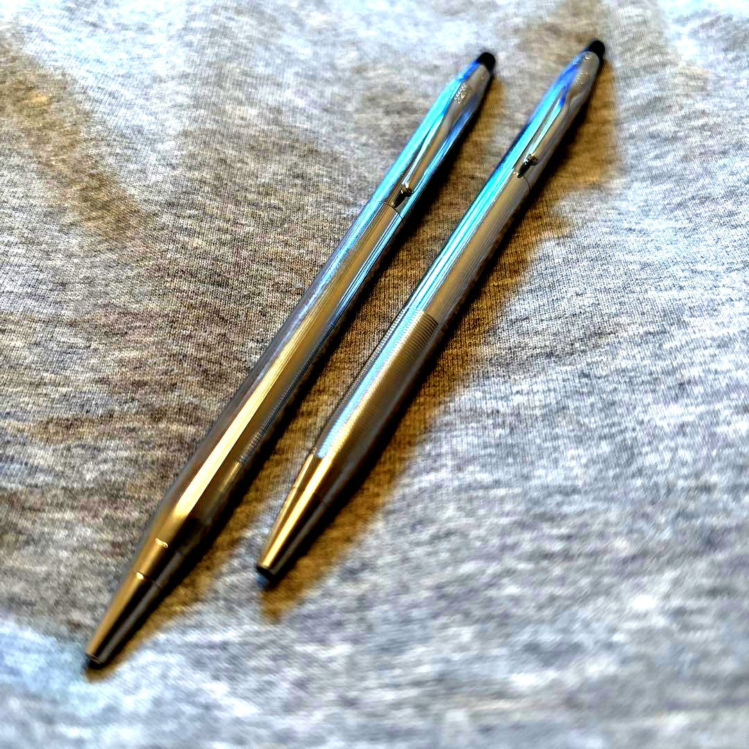 Set of two Cross silver ballpoint pens in black and navy color, used and tested, Japan import