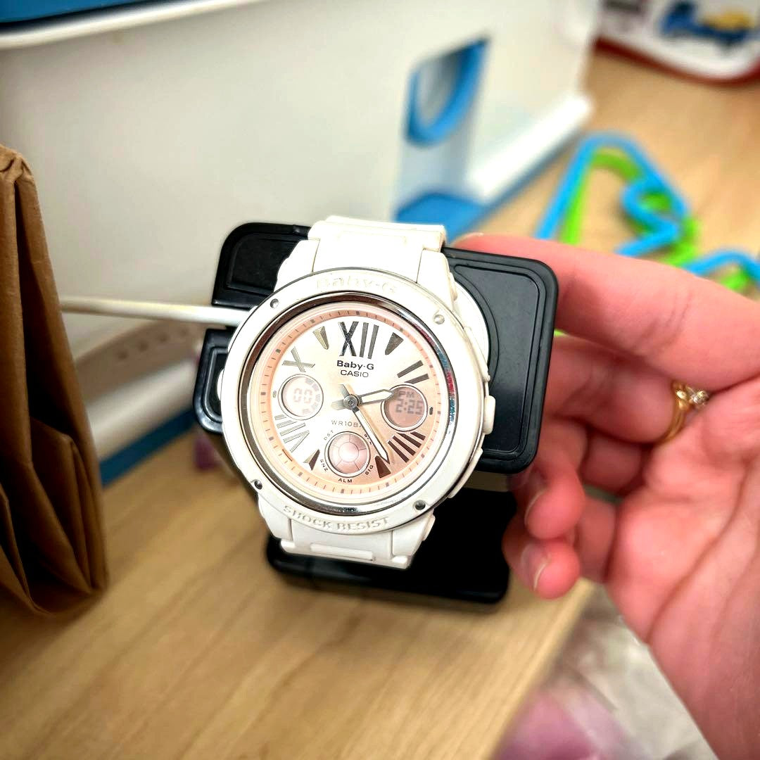 Casio Baby B Series BGA-152 watch with white dial, solar-powered movement, and white silicone rubber band