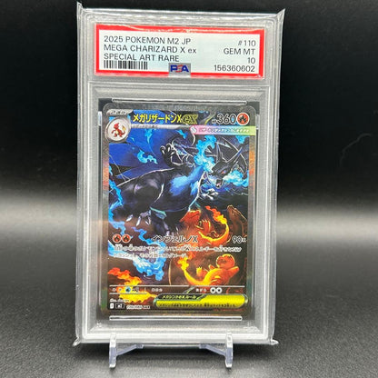 Bandai PSA10 Mega Charizard X ex SAR card with minor scratches and dents in protective case