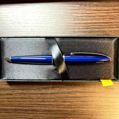 Brand Cross ballpoint pen in black with silver accents shown with a presentation box