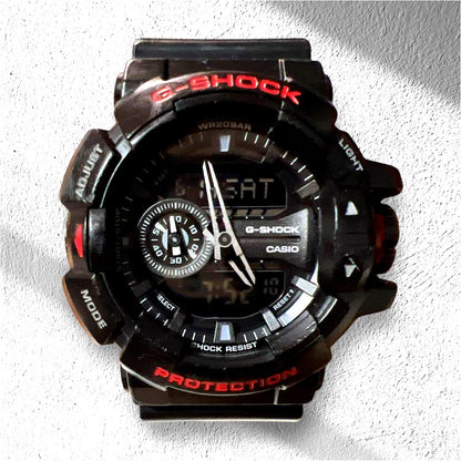 Casio G-Shock GA-400HR-1 digital watch with black and red design showing face and band