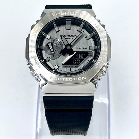 Casio G-Shock GM-2100-1AJF silver quartz watch with metal bezel and black strap