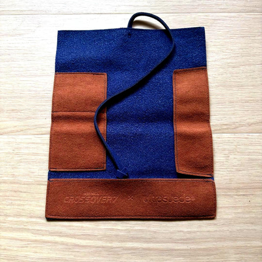 Subaru Exiga Crossover7 Ultrasuede roll pen case in blue and brown color made of Ultrasuede material