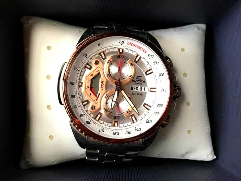 Casio Edifice EF558D-7A men's metal analog watch with silver metal band and white dial, Japan import