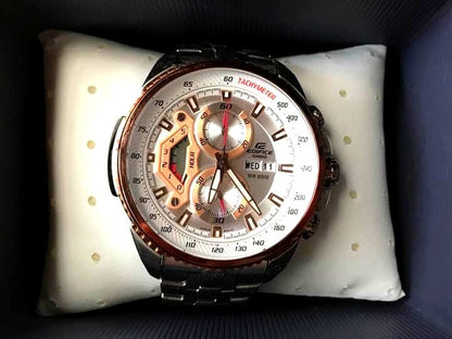 Casio Edifice EF558D-7A men's metal analog watch with silver metal band and white dial, Japan import