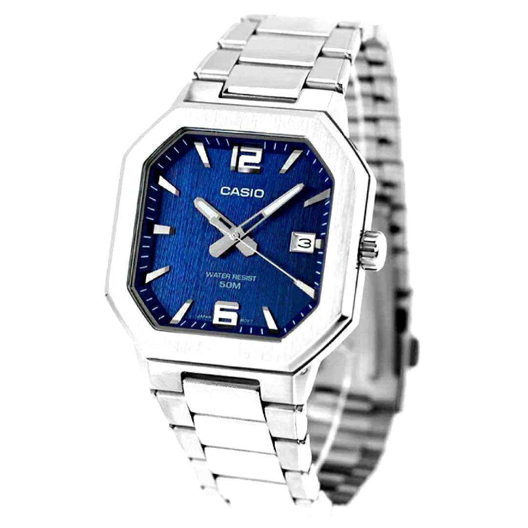 Casio MTP-B195D-2A metal wristwatch with blue dial and silver stainless steel band