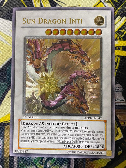 Used Yu-Gi-Oh Sun Dragon Inti English Relief 1st Part trading card with minor scratches and chips