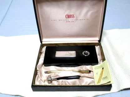 Cross 1980s Black Glass Pen Stand with 12K Gold Plated Ballpoint Pen — Japan Import
