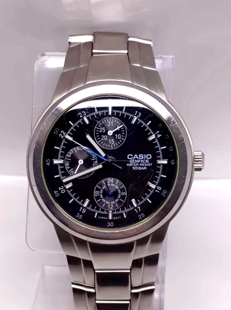 Casio Edifice men's stainless steel quartz watch with day-date and 24-hour display, water resistant to 100 meters