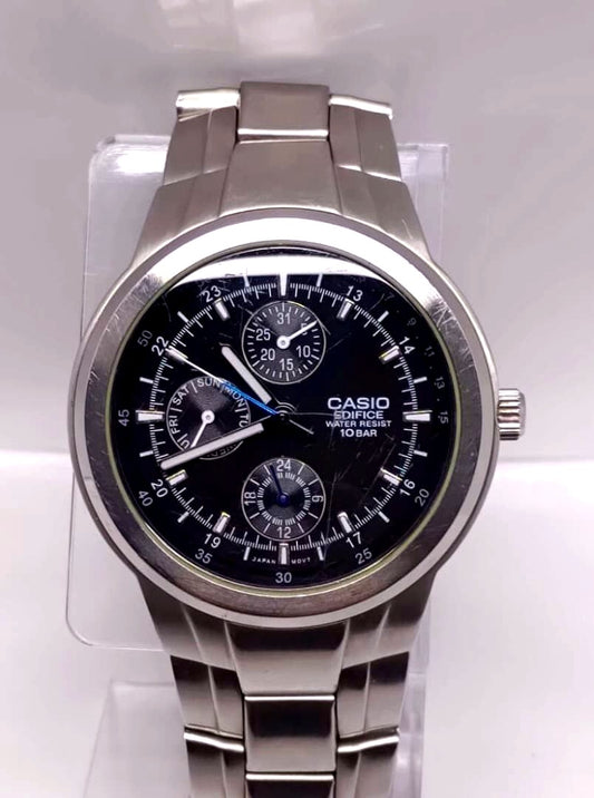 Casio Edifice men's stainless steel quartz watch with day-date and 24-hour display, water resistant to 100 meters