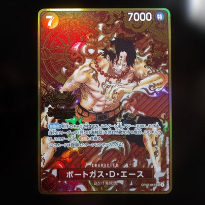 Uno Piece Monkey D Luffy OP05 SR Japanese Card featuring Portgas D. Ace with 2nd Anniversary logo