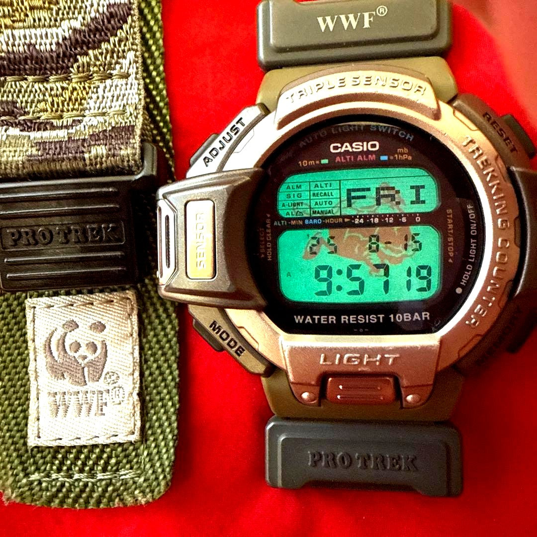 Casio PROTREK PRT-60WWJ limited edition watch with camouflage strap and WWF turtle logo on back case