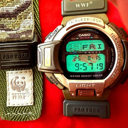 Casio PROTREK PRT-60WWJ limited edition watch with camouflage strap and WWF turtle logo on back case