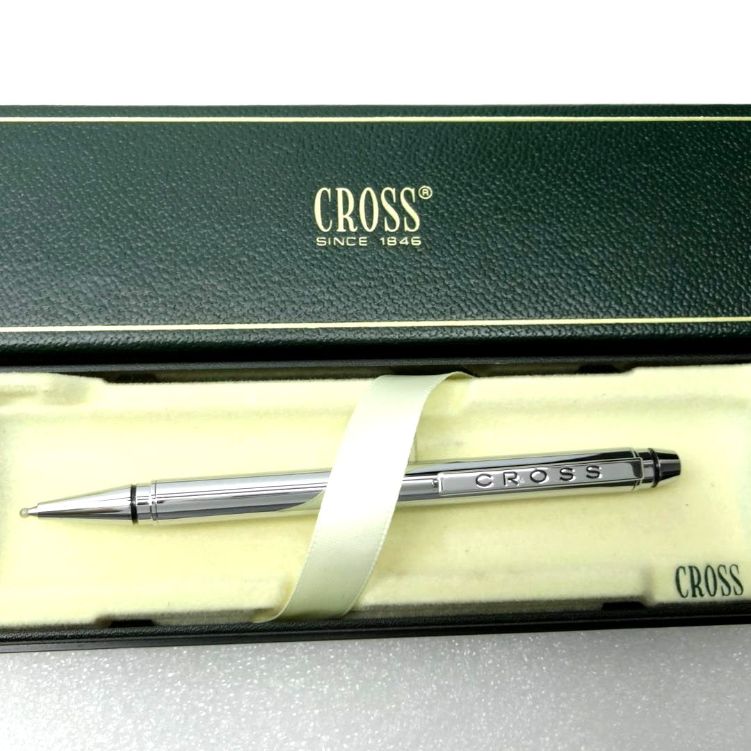 Cross chrome ballpoint pen with box, featuring a sleek metallic finish and Zebra 4C refill