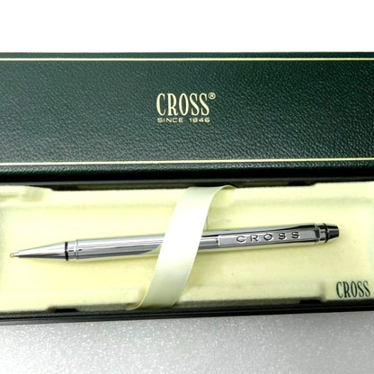 Cross chrome ballpoint pen with box, featuring a sleek metallic finish and Zebra 4C refill