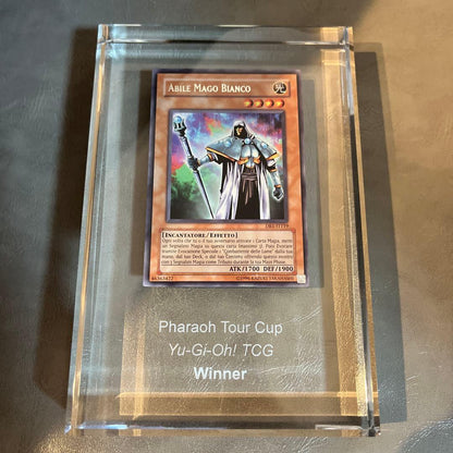 Yugioh Sakuretsu Armor White Mage card embedded in crystal trophy awarded to top tournament winner
