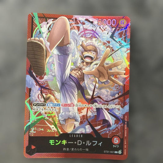 One Piece Monkey D Luffy Leader Card ST21-001 showing Four Emperors and Mugiwara Pirates attributes