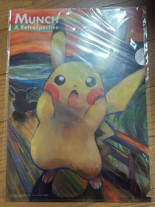 Munch x Pikachu collectible clear file showing Pikachu with Edvard Munch artwork style from Pokémon Card Game