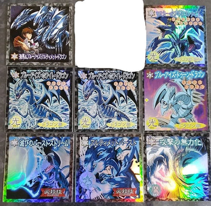 Morinaga Yugi-Oh Blue-Eyes White Dragon sticker with visible peeling damage from Kaiba set