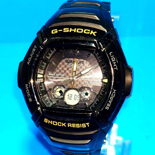 Casio G-Shock GW-1400BDJ radio solar powered black watch with metal band, Japan import, used condition