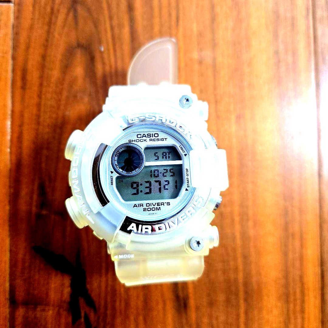 Casio G-Shock Frogman clear digital watch with 20 ATM water resistance on a white background