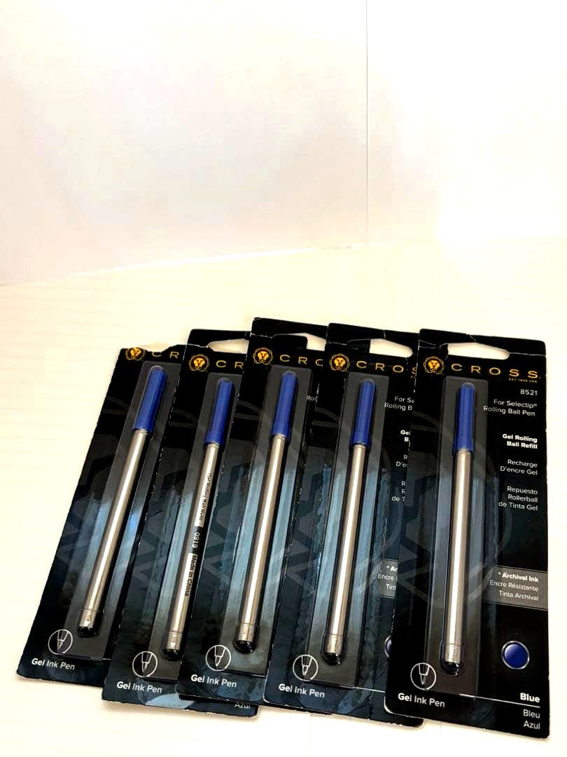 Set of five Cross blue ballpoint pen ink refills for replacement ink cartridges