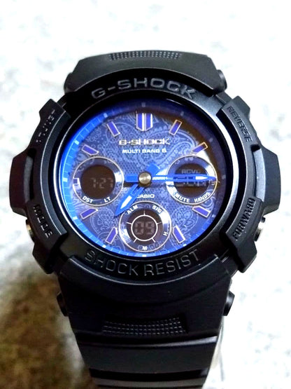 Casio G-Shock AWG-M100SBP solar watch with blue paisley dial and silicone rubber band
