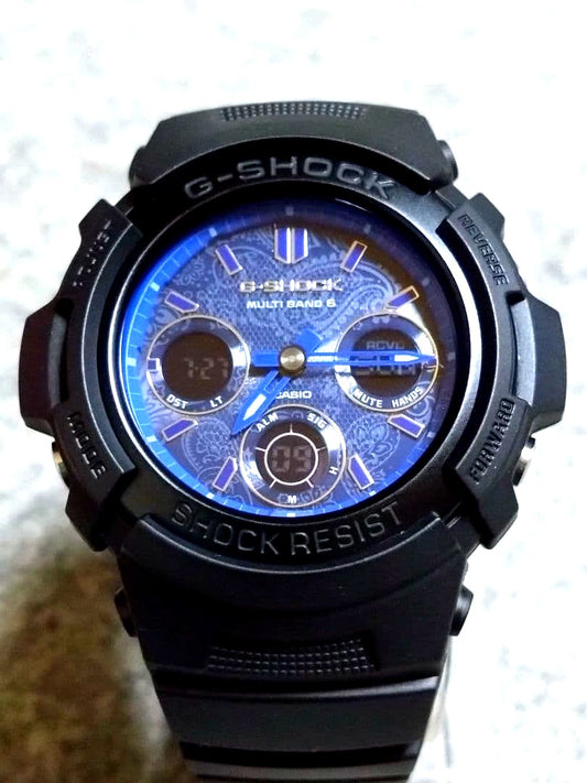 Casio G-Shock AWG-M100SBP solar watch with blue paisley dial and silicone rubber band