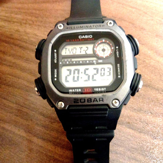 Casio Digital Watch Model in black with 20BAR water resistance and illuminator function