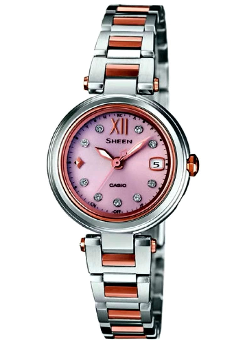 Casio Sheen Shw-1504sg-4ajf radio wave solar wristwatch with Swarovski elements and silver-gold finish