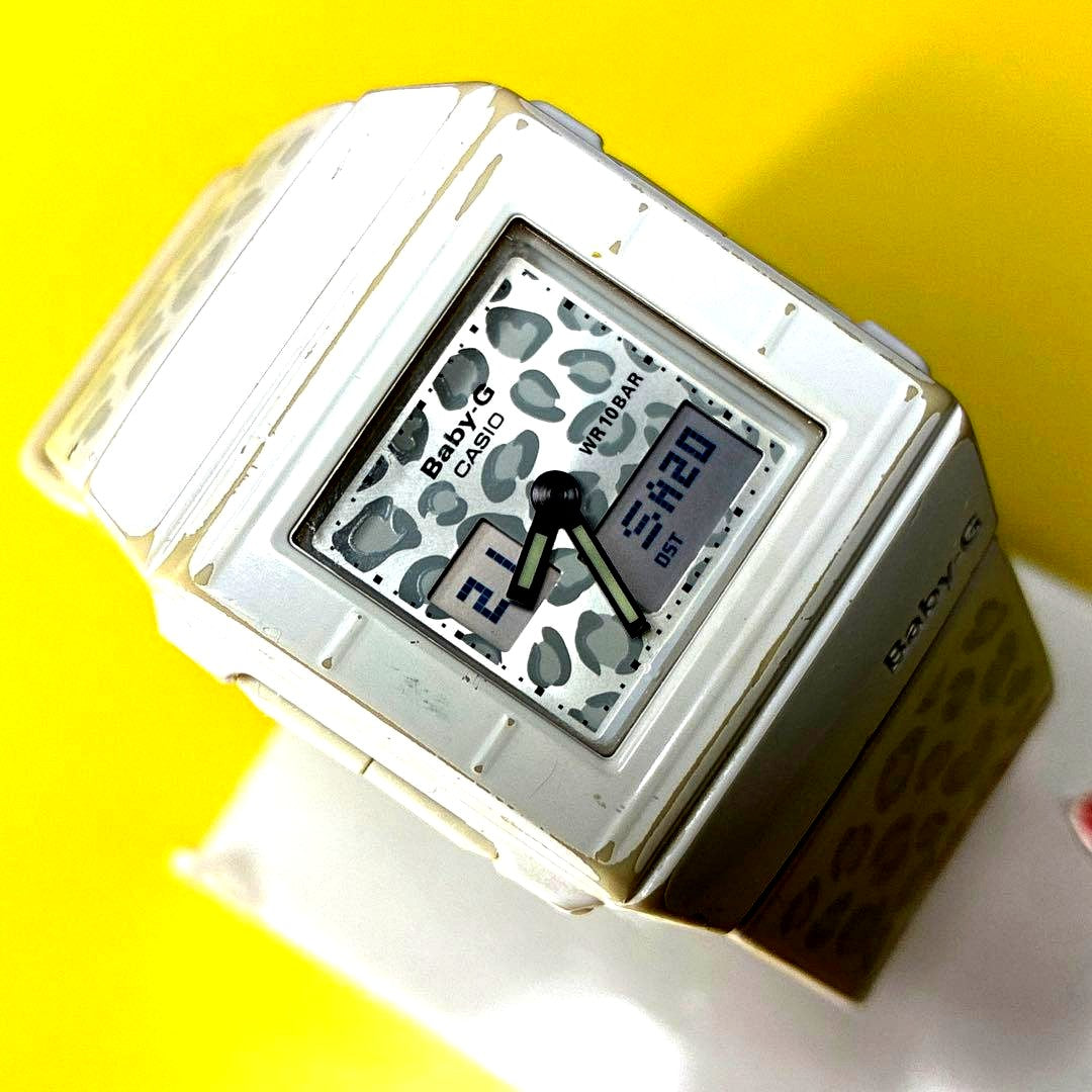 Casio Baby-G ladies analog-digital watch model BA-110LP-1A with leopard patterned dial and black band
