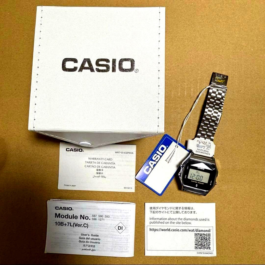Casio A-159WAD-1 diamond accented watch with black dial and stainless steel band