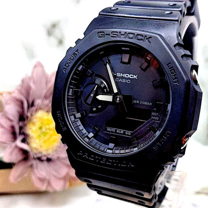 Casio G-Shock GA-2100 All Black watch with octagon dial and quartz movement