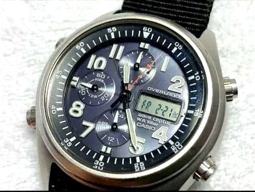 Casio Overland Wave Cepter OVW-500BJ digital and analog chronograph watch with black nylon strap