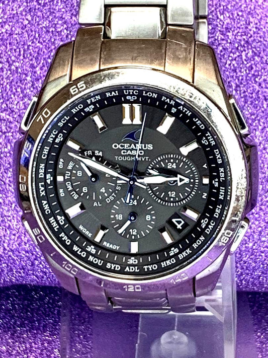 Casio Oceanus OCW-T600 black titanium chronograph watch with sapphire glass and radio-controlled time