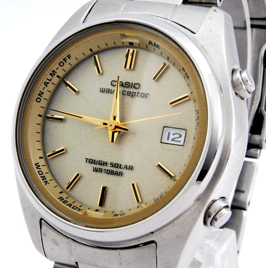 Casio Wave Ceptor WVQ-110DJ solar radio wave watch with champagne gold dial and full-metal body