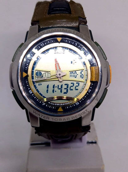 Casio Analog Digital Tide Graph Moon Series AQF-100 4707 men's watch with green leather strap and silver case