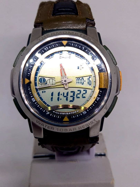 Casio Analog Digital Tide Graph Moon Series AQF-100 4707 men's watch with green leather strap and silver case