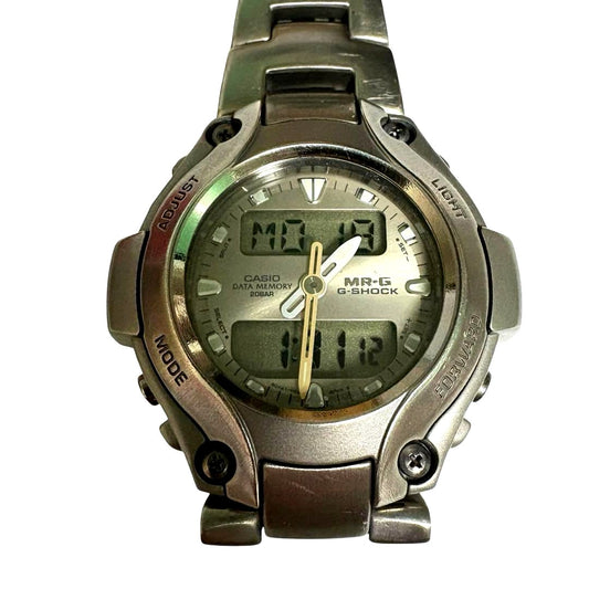 Casio MR-G G-Shock digital watch with silver titanium metal case and stainless steel band Japan import