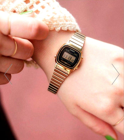 Casio Digital Watch Gold Model with digital display and gold finish on wrist
