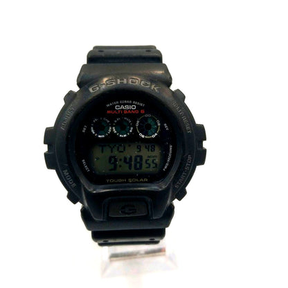 Casio G-Shock GW-6900 black solar digital watch with radio sync and black band on white background