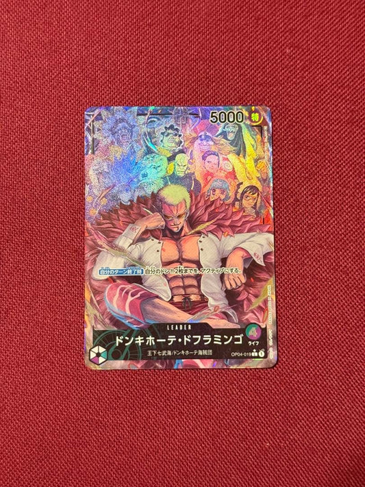 One Piece Donquixote Doflamingo OP04-019 trading card from Japan with minor signs of use in protective sleeve