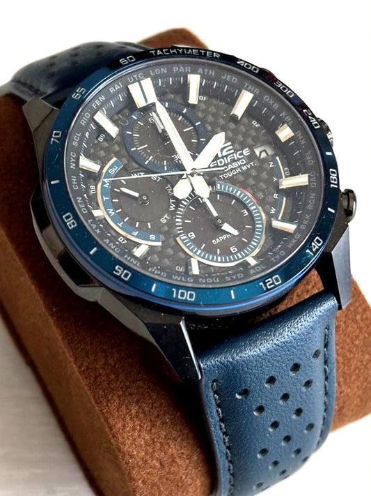 Casio EQW-A2000CL-2AJF chronograph solar watch with navy dial and blue leather band in glass-top case